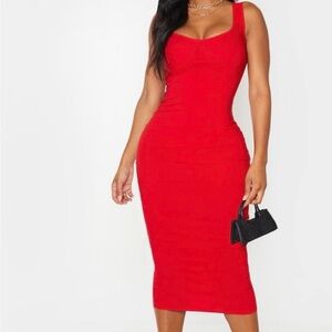 PrettyLittleThing Red Stappy Coquette Glam Boho Midi Dress